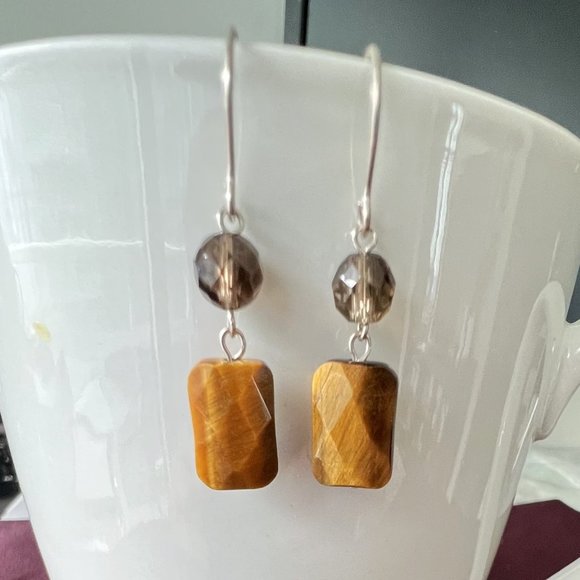 Artisan 925 Sterling Silver Hook Semi Precious Stone Earrings, Tiger eye, Topaz - Picture 4 of 4